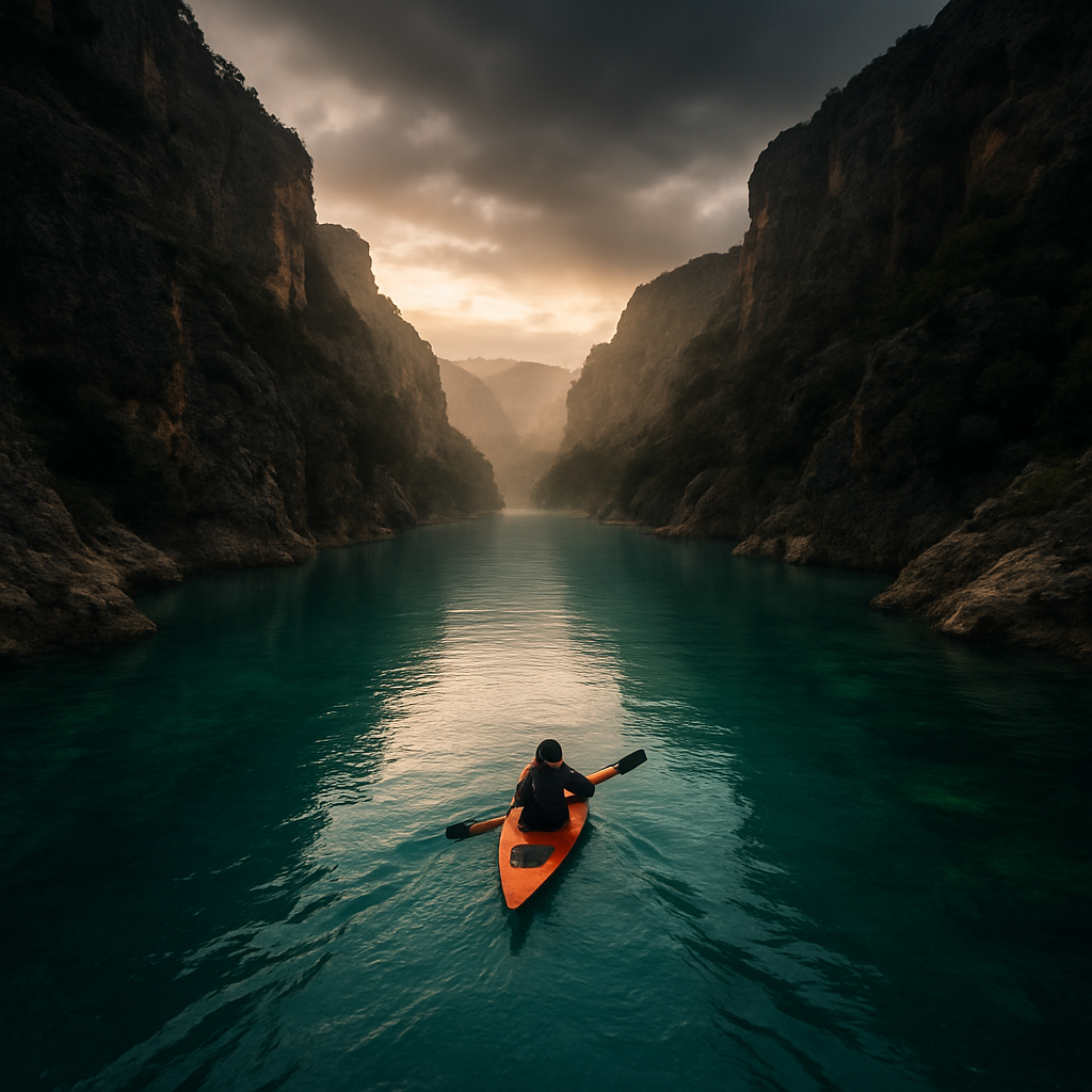 Kayakista surcando aguas turquesas en un cañón patagónico